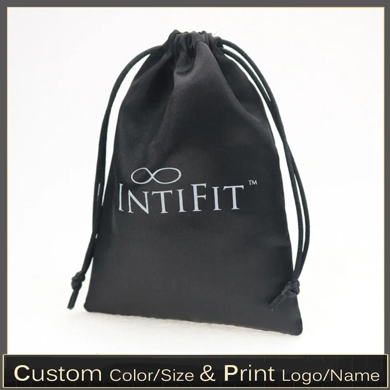 Individuell bedruckte schwarze Satin-Verpackungstasche für Schmuck, Make-up, Hochzeiten, Partys, Echthaar, mit Kordelzug und Staubschutzfunktion