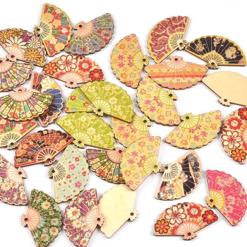 20Pcs 29x48mm Painted Fan Wooden Pendant DIY Crafts Supplies Hanging Ornaments Retro Wood Slices Home Decor C3427
