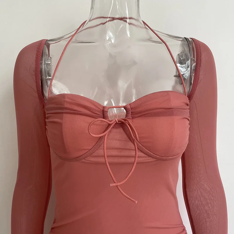 Vestido para as Mulheres Sexy com Cordão de Malha Artsuelegant Bebê Rosa Recorte Halter Mini 2022 Clube Festa Vestidos Ruched Roupas 8 para as mulheres 2022 clube festa sexy