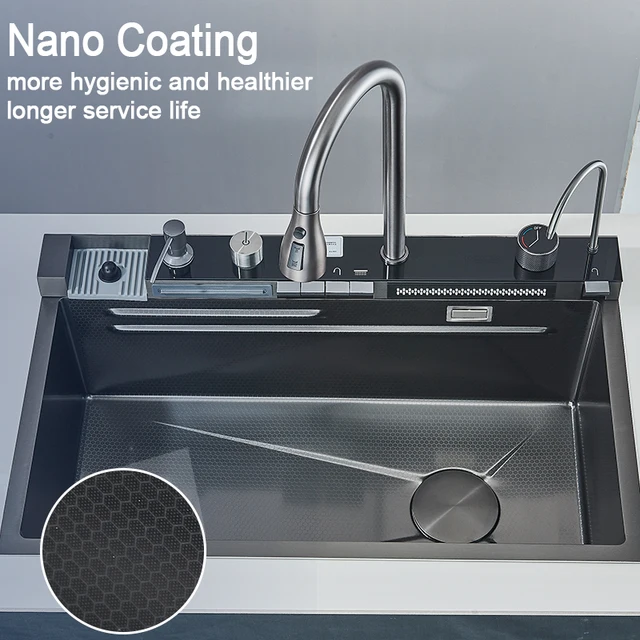 Stainless Steel Kitchen Sink with Faucet Digital Display Large Single Bowl Waterfall Rain 5 Functions System Dish Basin Sink 5