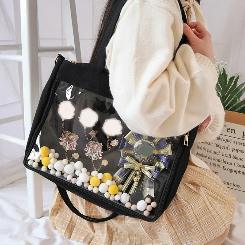Japanese Big Ita Bag Black with Insert Cute Clear Women Double Straps Girls Kawaii Transparent Shoulder Bag Purses and Handbags