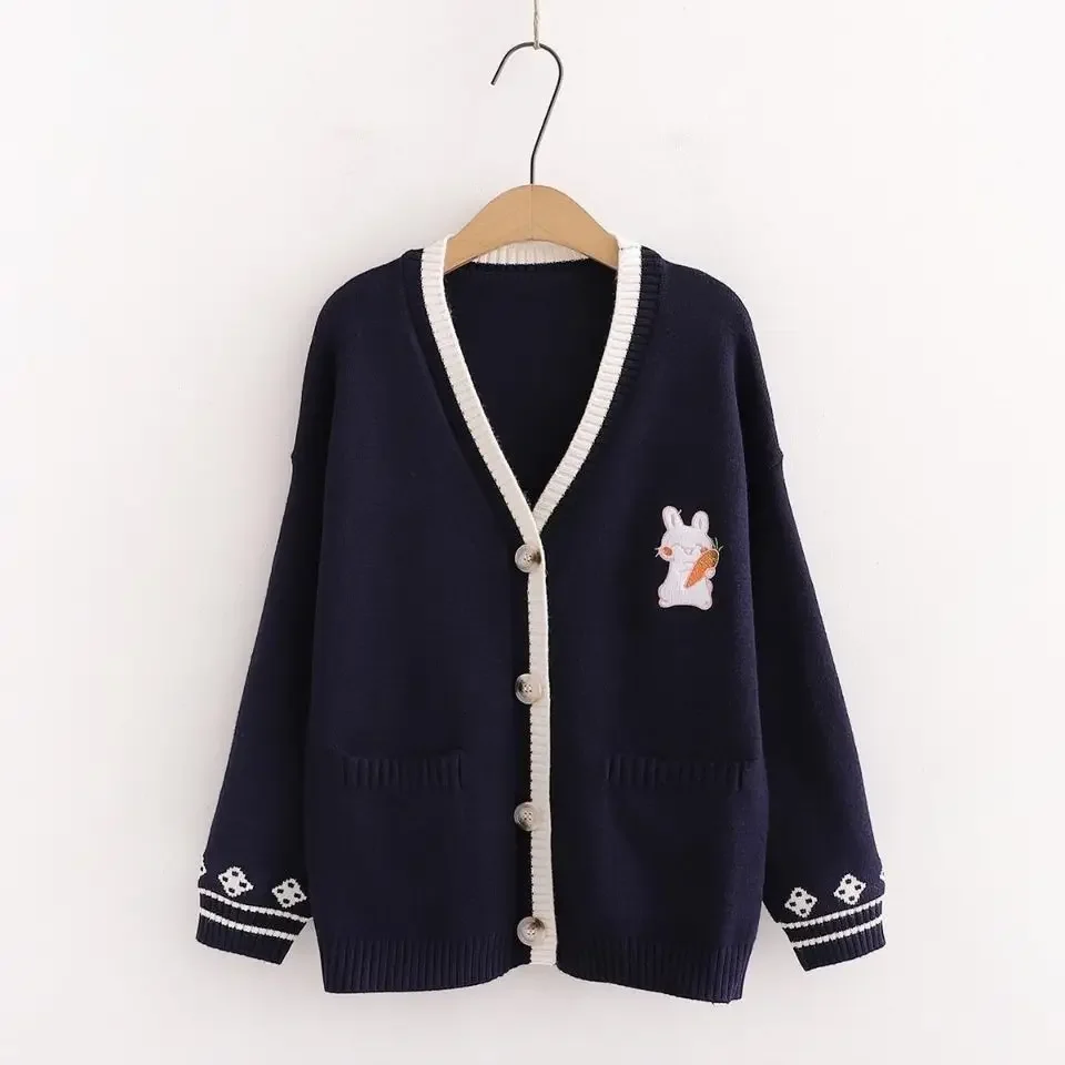 Korean Sweet Chic Women Sweaters Japanese V Neck Long Sleeve Cute Cardigans 2021 New Embroidery Cardigan