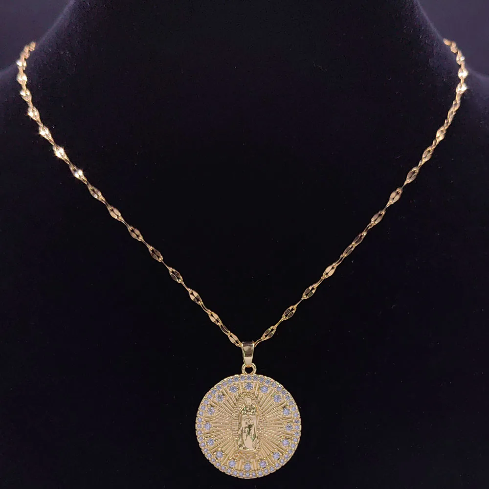Luxuriöse Jungfrau Maria Kupfer-Zirkon-Medaillen-Anhänger-Halskette für Damen und Herren, Edelstahl Goldfarben Unsere Liebe Frau Kette Schmuck Collier – Detail 7