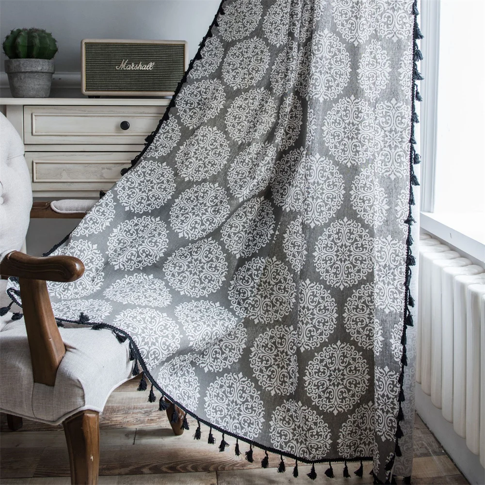 

Boho Cotton Linen Curtain Tassel Finished Black and White Printed Curtins for Living Room Bedroom Kitchen Home Textile