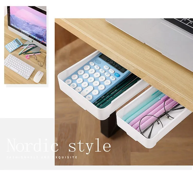 Description Picture 4 of itemUnder The Desk Drawer Type Storage Box Desktop Organizer Office Desk Student Stationery Box Invisible drawer organizer