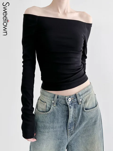 Sweetown Black Solid Slash Neck Elegant Long Sleeve Tops Korean Fashion Slim Sexy Cropped T Shirt Women Fall Clothing 3