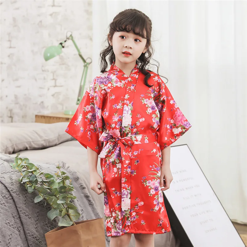 Girls Kimono Yukata Japanese Traditional Style Silk Floral Pajamas Bathrobe Kids Summer Asian Leisure Sleepwear Nightgown