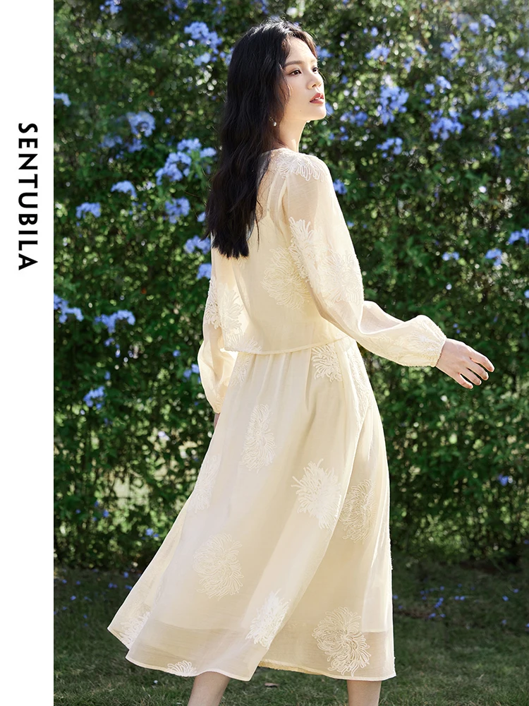 SENTUBILA New Chinese Style Spring Summer Lady Suit 2024 V-neck Embroidery Top Midi Camisole Dress 2 Piece Set Womens 141Z53527