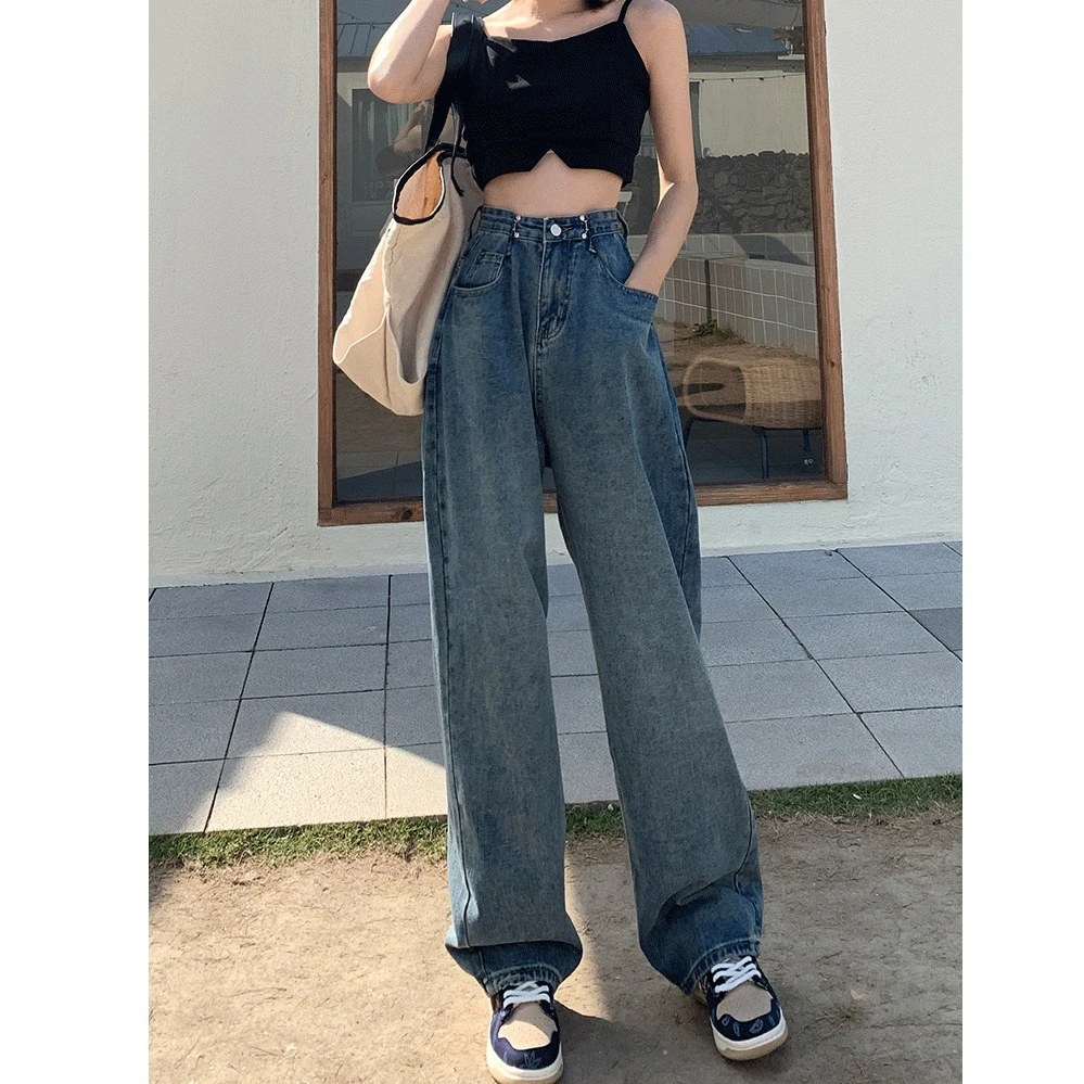 topshop jeans Mopping Daddy Pants Woman 2022 Autumn New High-waisted Thin Wide-leg Jeans Female Retro Straight Loose Baggy Jeans Women flare jeans