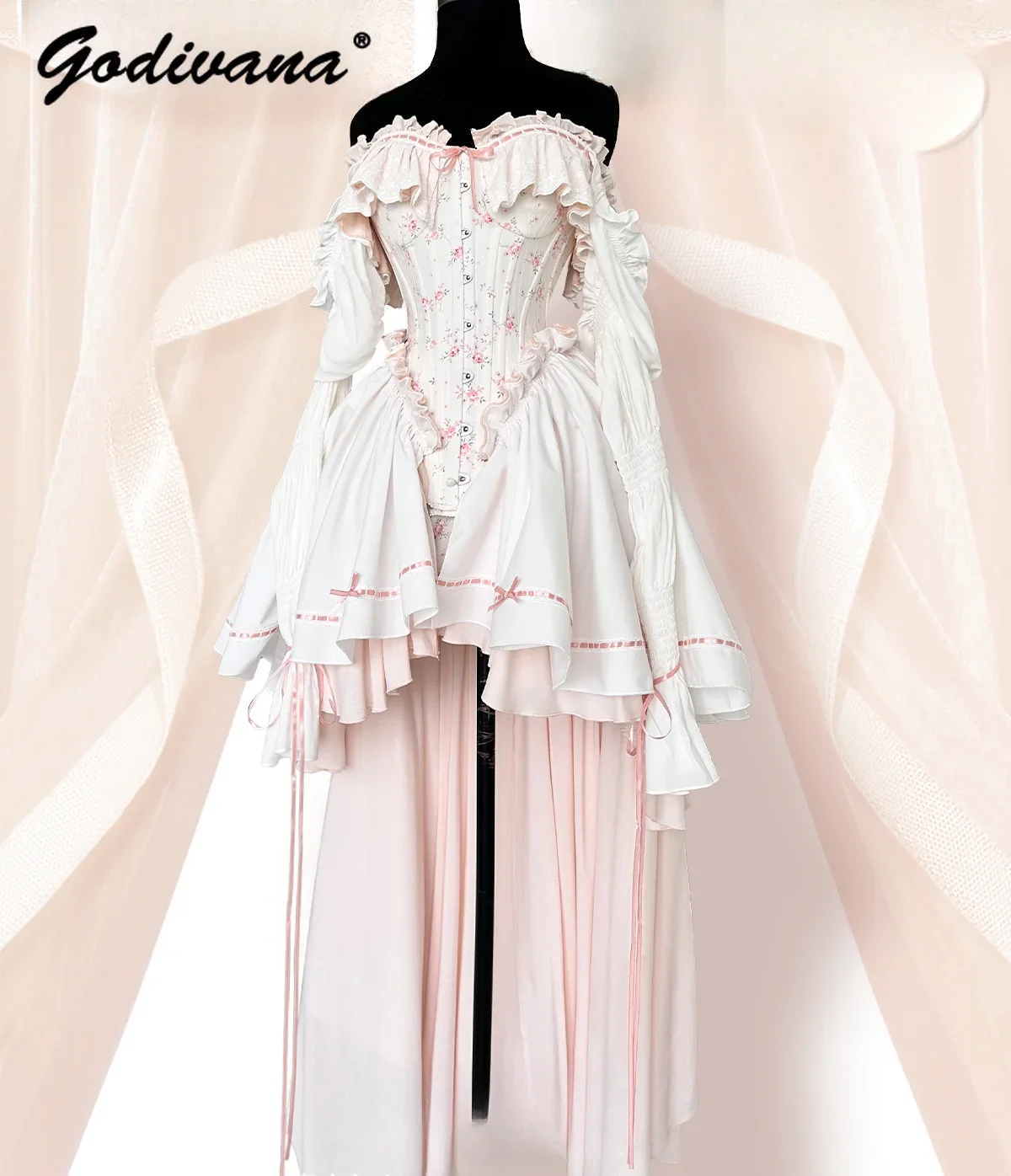 【LORETA】Despina Ruffles Dress/ストラップレスドレス New Girly Pink Floral Corset Off Shoulder Slim Long Sleeve
