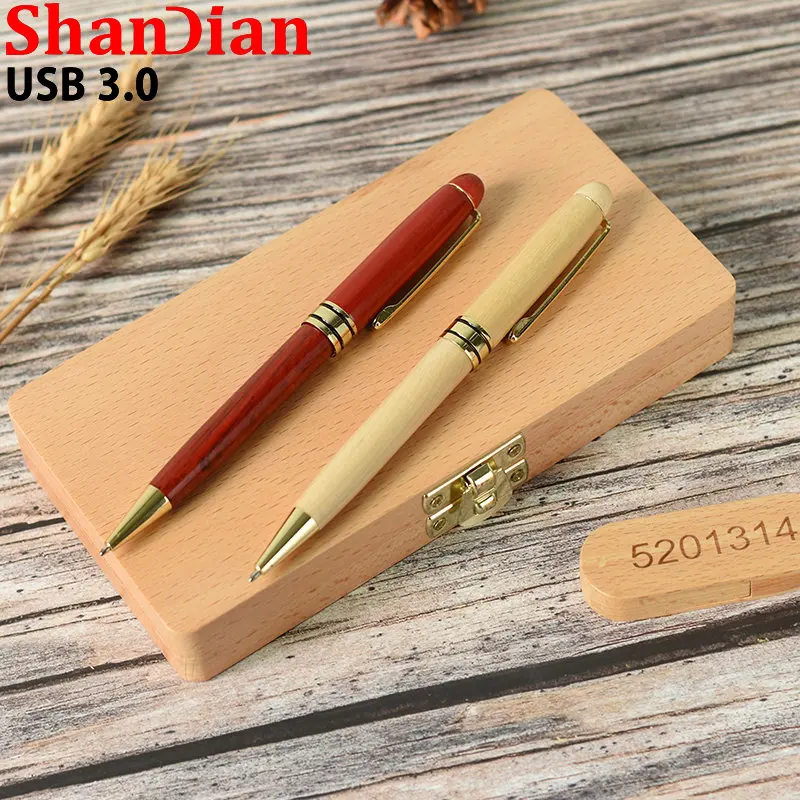 SHANDIAN USB 3.0 Pen drive Ballpoint Memory stick Wood Pendrive Free Custom logo 64GB flash drive Business Wedding gift box