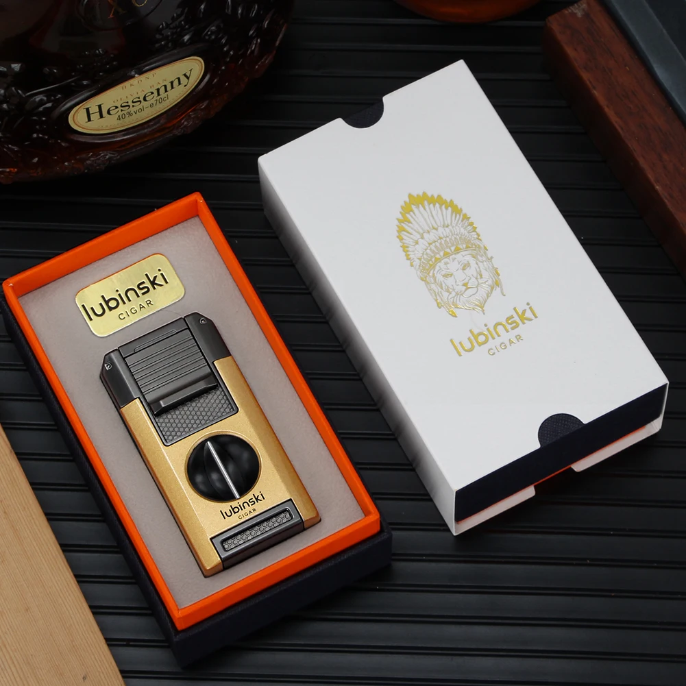 LUBINSKI 2 Torch Lighters Cigar V Cutter Punch Metal Butane Gas Cigar Lighter With Needles Dredge Cigar 6