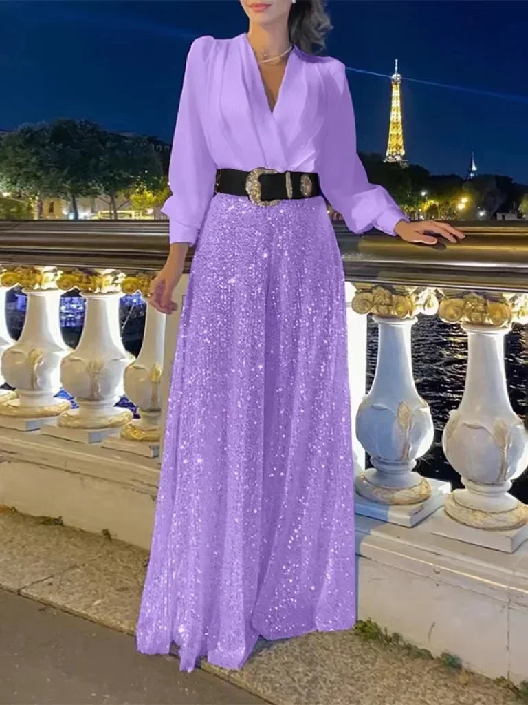 796953-6b67c0.jpg 2024 Autumn Evening Party Jumpsuit Women Long Sleeve Solid Sequin V-Neck High Waist Fashion Leg Pants Elegant Chic Spring Shirt - Image 1