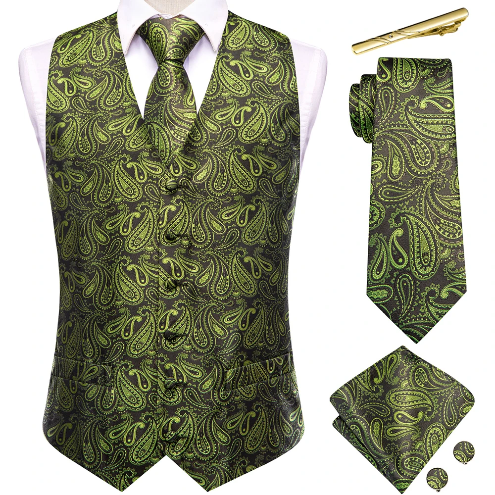 

Hi-Tie Paisley Silk Vest For Men Green Sleeveless V-Neck Waistcoat Necktie Clips Hanky Cufflinks Sets Wedding Business Party