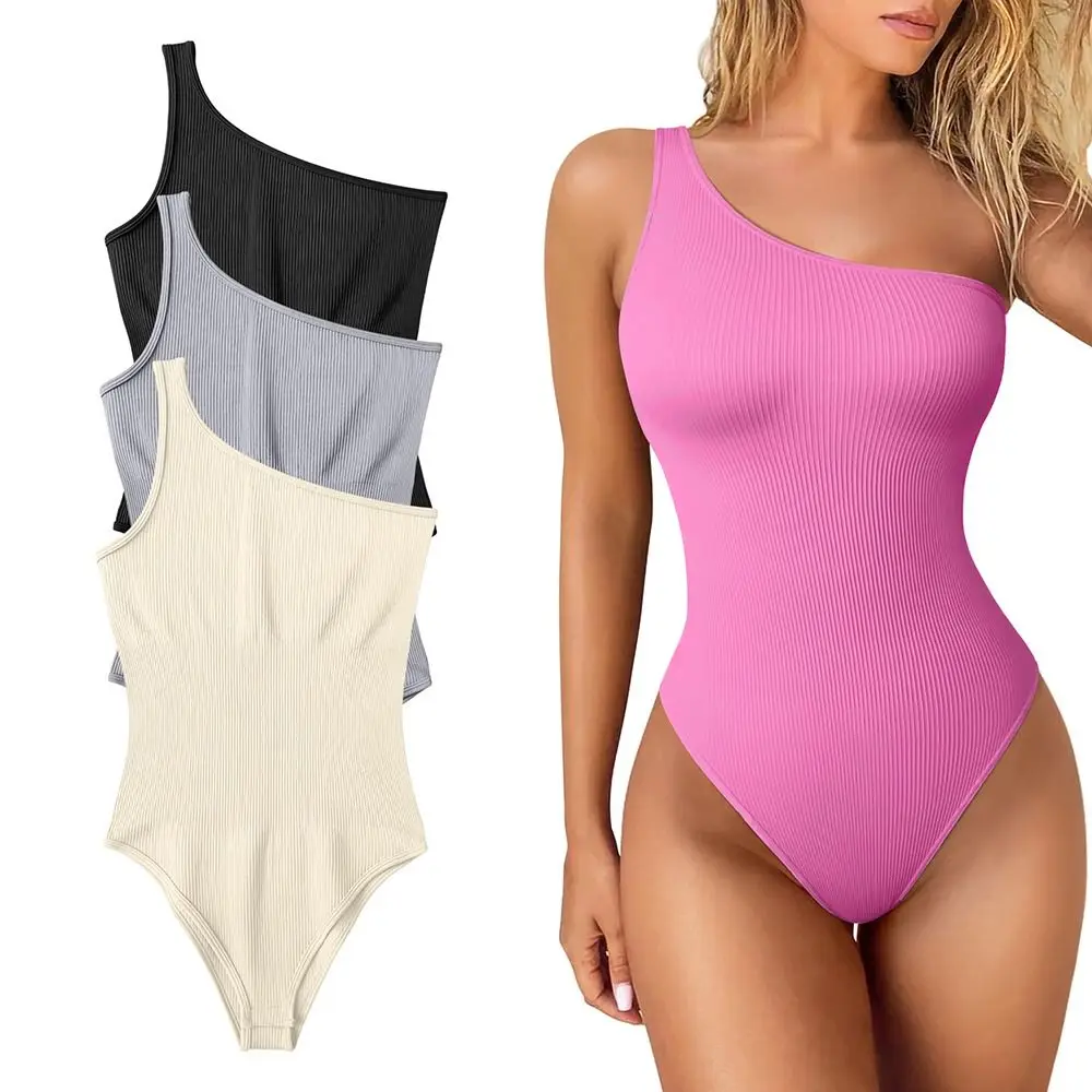 One Shoulder Fitness Bodysuits Breathable Ribbed Sleeveless High Stretch Hip Lifting Slim Fit Shapewear Yoga Shapers