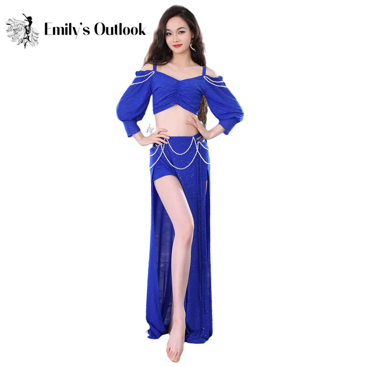 

Костюм для тренировок в стиле танца живота, элегантный костюм для взрослых для восточных танцев, для выступлений на сцене, с открытыми плечами