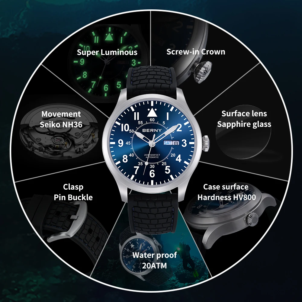 Orologio da uomo pilota automatico Sport militare NH36 zaffiro