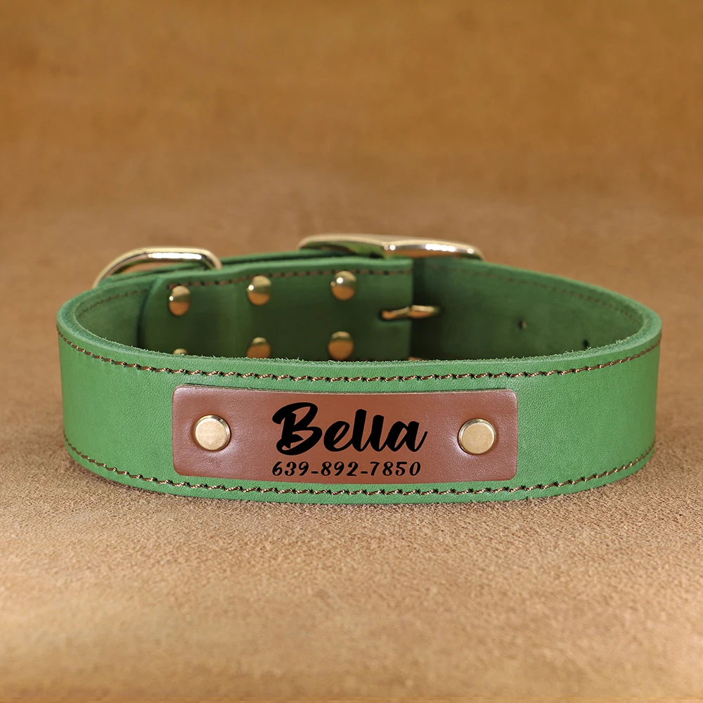 Personalized Leather Dog Collar Custom Dog Collars Genuine Leather Pet Necklace for Medium Large Dogs Free Print Pet Name Phone