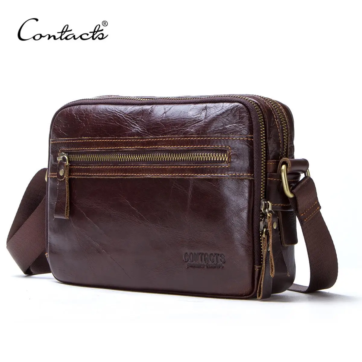 CONTACT'S genuine leather men messenger bag for ipad male