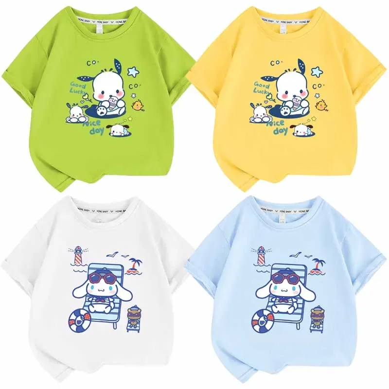 

Sanrios Cinnamoroll Pochacco Cartoon Children Summer Clothing Tops Short Sleeve Kawaii Cute Printing Girls Half Sleeve T-shirt