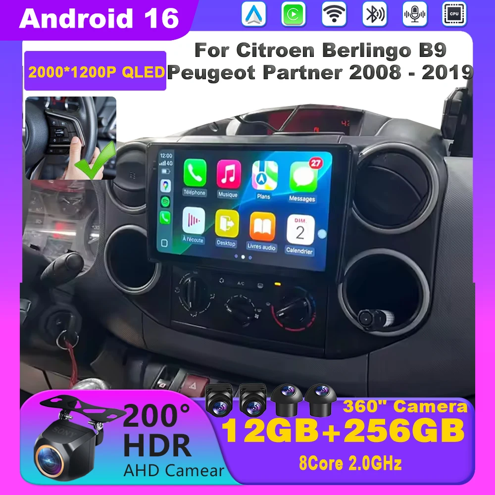 Android 16 CarPlay para Citroen Berlingo B9 Peugeot Partner 2008 - 2019 GPS WIFI BT Radio de coche navegación reproductor de vídeo Multimedia 1