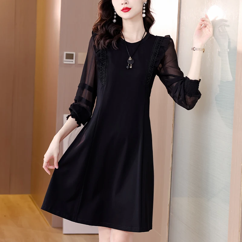 

Новинка весна-осень Женское маленькое черное платье в стиле Хепберн Сетчатое шелковое платье с длинным рукавом