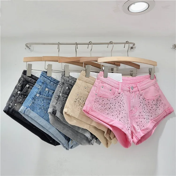 Retro Rhinestone Denim Shorts Women 2024 Summer Fashion New A- Line Wide Leg Short Pants Ultra Short Booty Shorts for Hot Girls