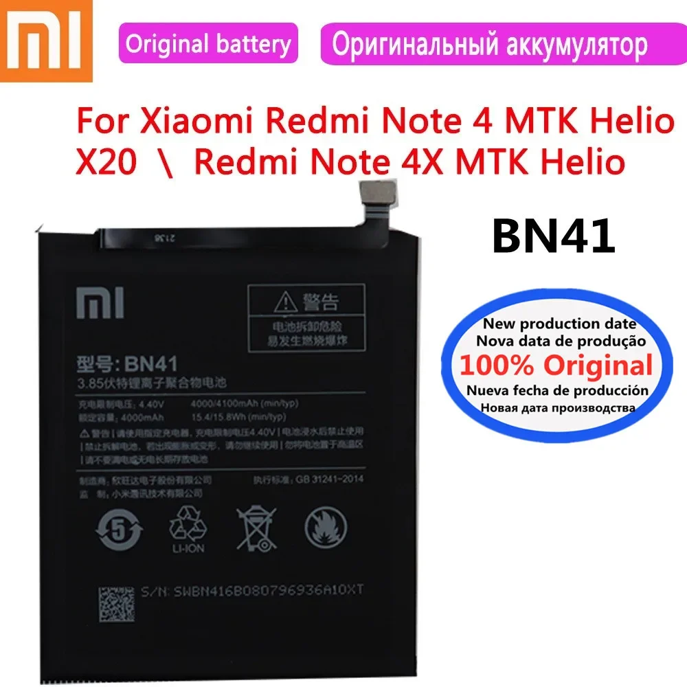 

4100mAh BN41 Xiao mi Original Battery For Xiaomi Redmi Note 4 / Redmi Note 4X Note4 Note4x MTK Helio X20 Battery Bateria