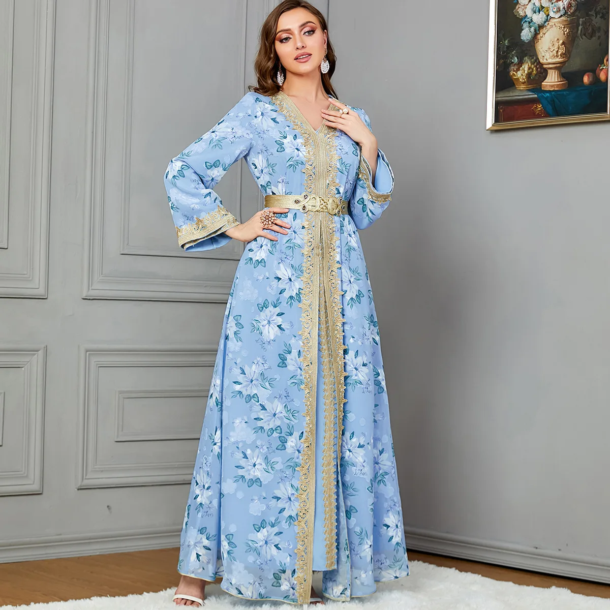 

Morocco Kaftan Women Floral Print Belted Maxi Dress Dubai Abaya Split Hem Jalabiya Arabic Robe Muslim Party Dresses Eid Ramadan