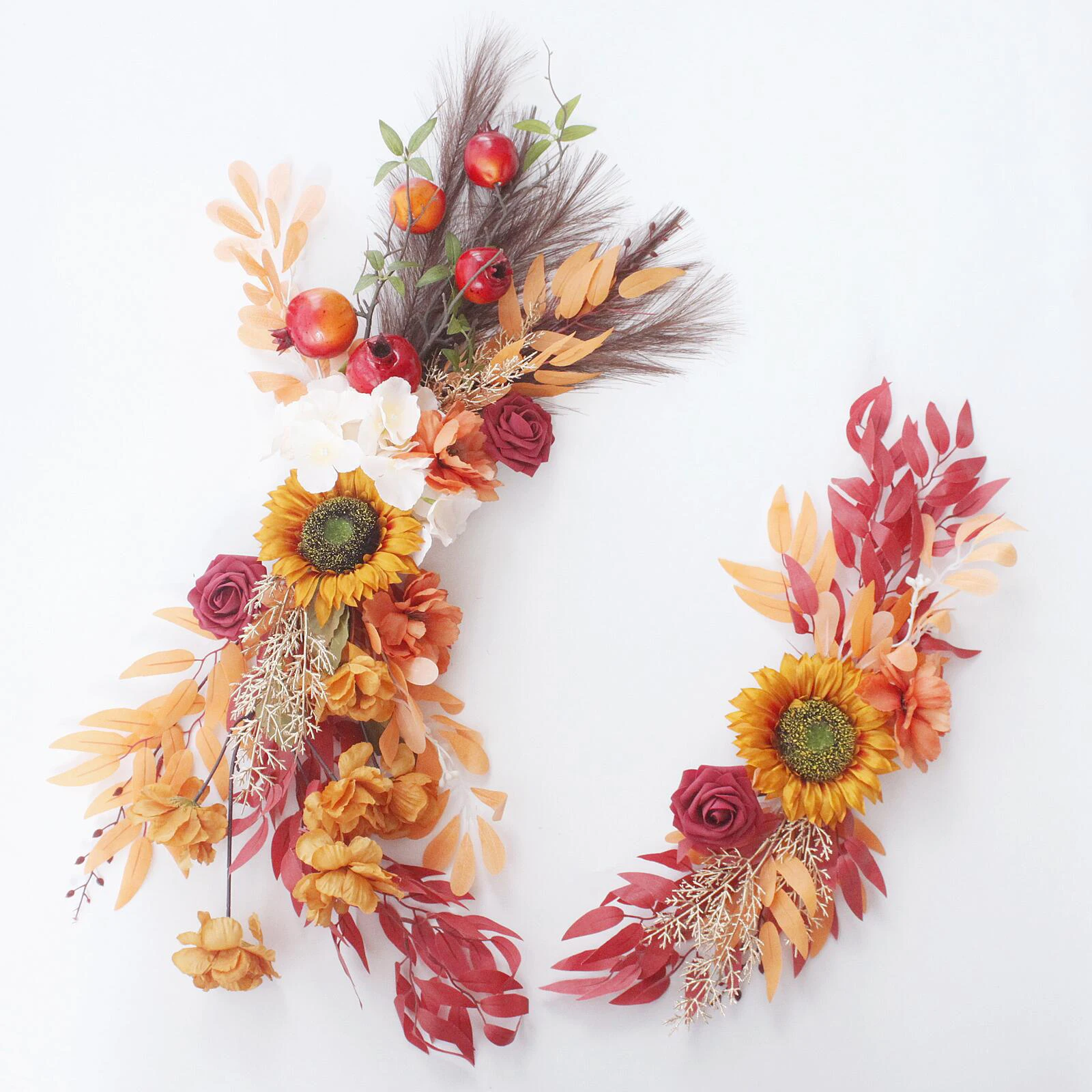 

2pcs Boho Wedding Arch Artificial Flower Floral Eucalyptus Leaf Reed Grass Mixed Sun Flowers Pomegranate Fruit Home Decor
