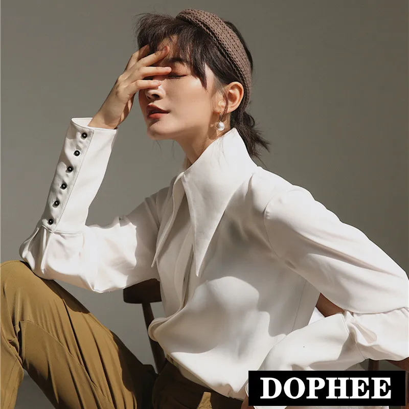 Camisa blanca de manga farol para mujer, elegante con cuello grande, moda de otoño, nuevo diseñador, 2022