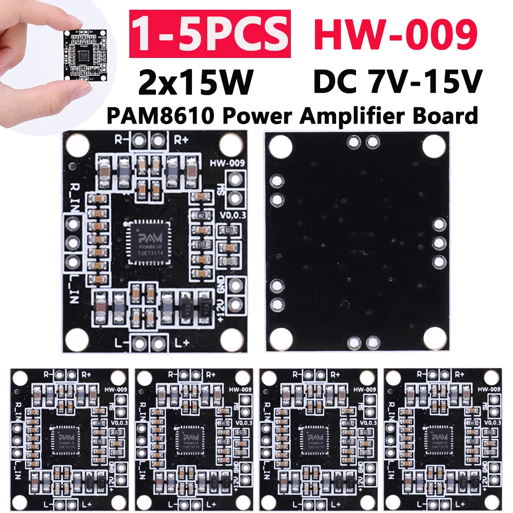 1-5 PCS HW-009 PAM8610 Stereo Mini Power Amplifier Board 2x15W DC7V-15V Compact Digital Amplifier Board Class D Dual Channel