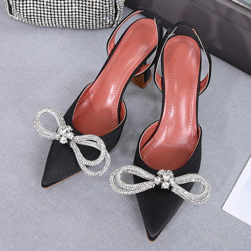 

Size 34-42 Sexy Strange High Heels Slingback Sandals Crystal Bowknot Satin Summer Woman Pumps Party Wedding Shoes Bride