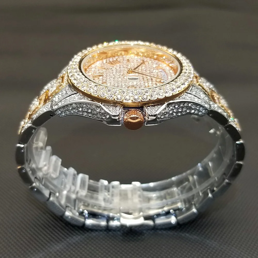 Datum Tag Diamant Uhr Für Männer Luxus Edelstahl Street Style Ice Out Armbanduhr Hip Hop Silber Bling Wasserdichte Uhr Geschenk – Detail 19