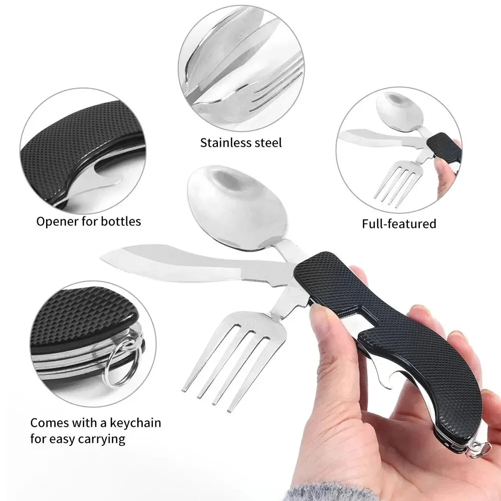 Camping Cutlery Portable Tableware Portable Cutlery Stainless Steel 4-In-1 Foldable Tablespoon Set Spoon Knife Fork Bottle Opener Folding Pocket Kits Outdoor Tableware Set