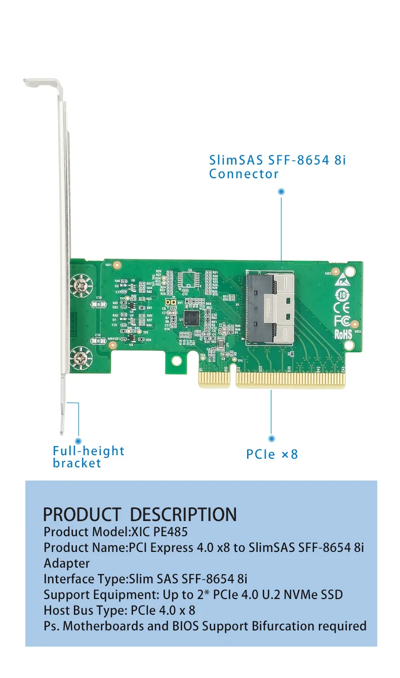 Description Picture 3 of itemPCIe4.0 x8 to SlimSAS SFF-8654 x8  NVMe adapter