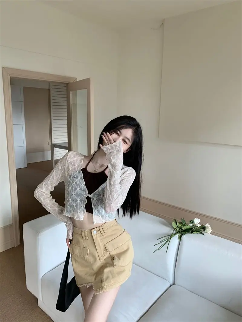 Summer Thin Sun-proof Cardigans Women Crochet Midriff-baring Tops Short Leisure All-match Y2k Korean Style Daily Slim Fashion
