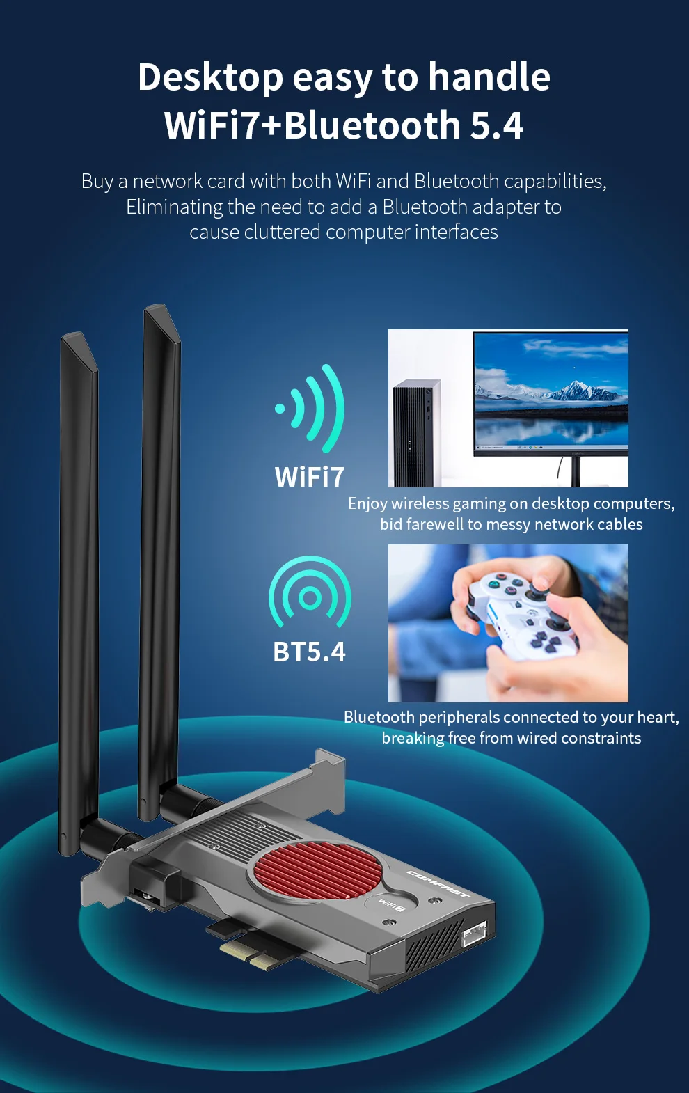 Comfast 무선 네트워크 카드, 와이파이 어댑터, 블루투스 5.4, 트라이 밴드, 2.4G, 5G, 6GHz, 8774Mbps, 와이파이 7, 인텔 BE200, PCI-E