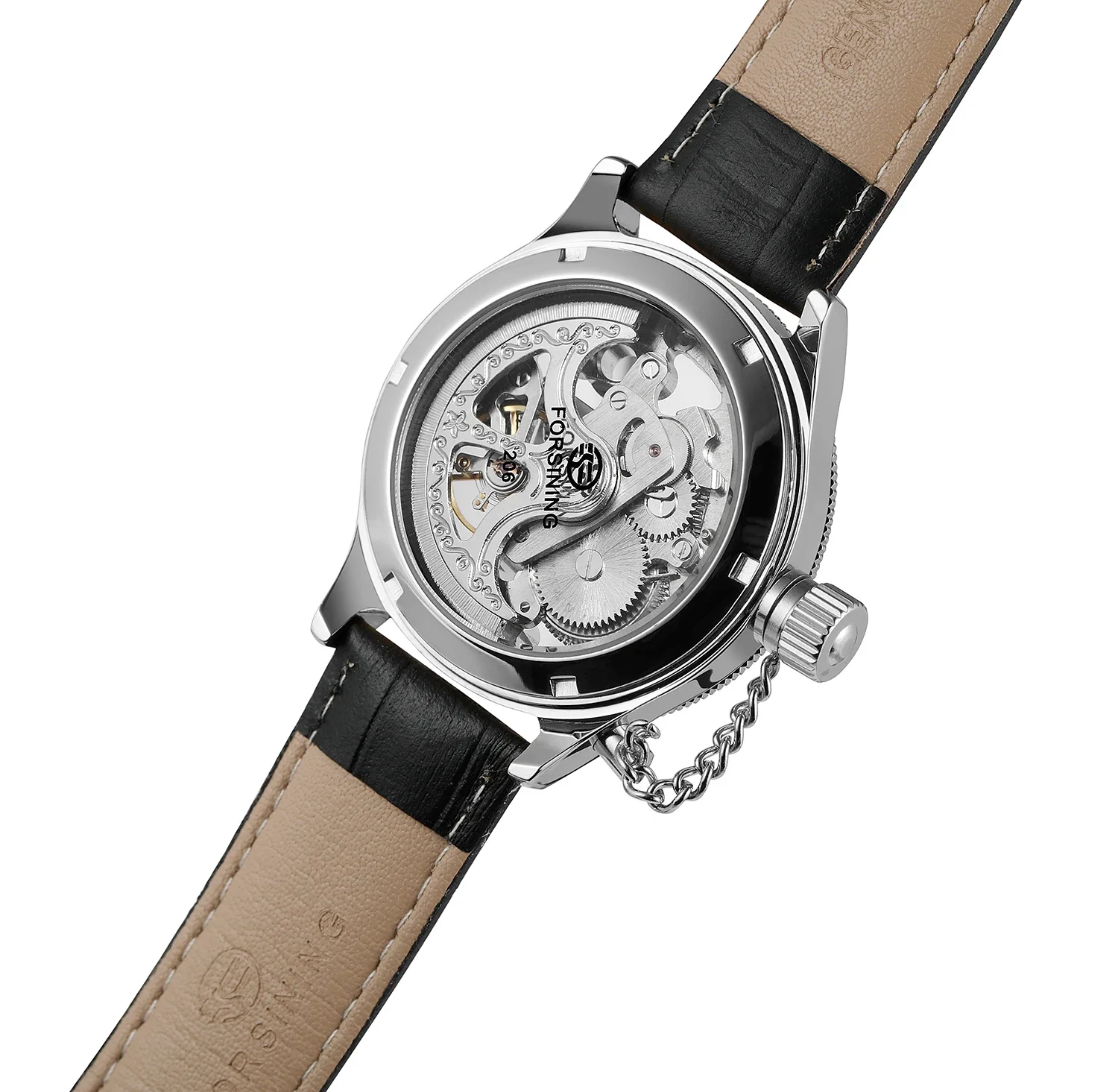 FOESINING Modische, lässige Herrenuhr, silbernes, rundes Gehäuse und Zifferblatt, schwarzes Lederarmband, automatische, mechanische Uhr, Urlaubsgeschenk_voghion.com