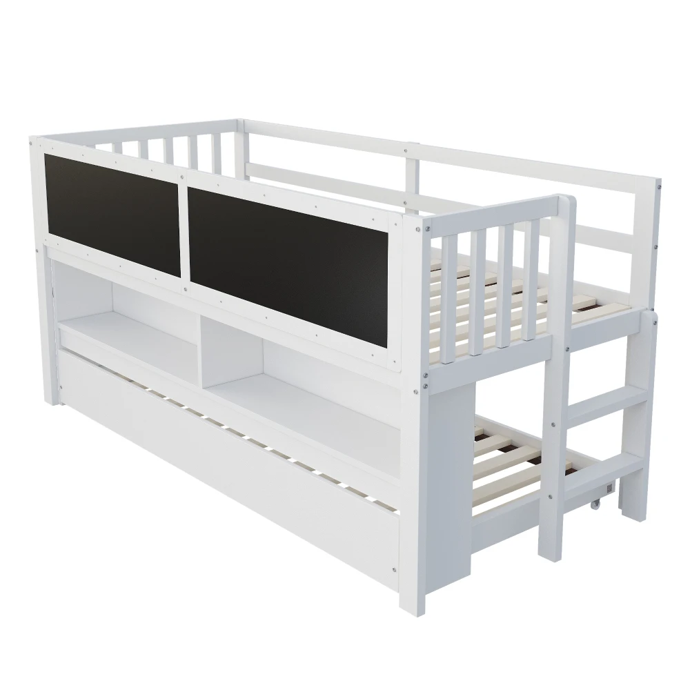 90x200cm ausziehbares Bett, mit Graffiti-Brett und offenem Stauraum, Kinder-Etagenbett aus Massivholz mit Kletterleiter, (ohne Matratze) – Detail 9