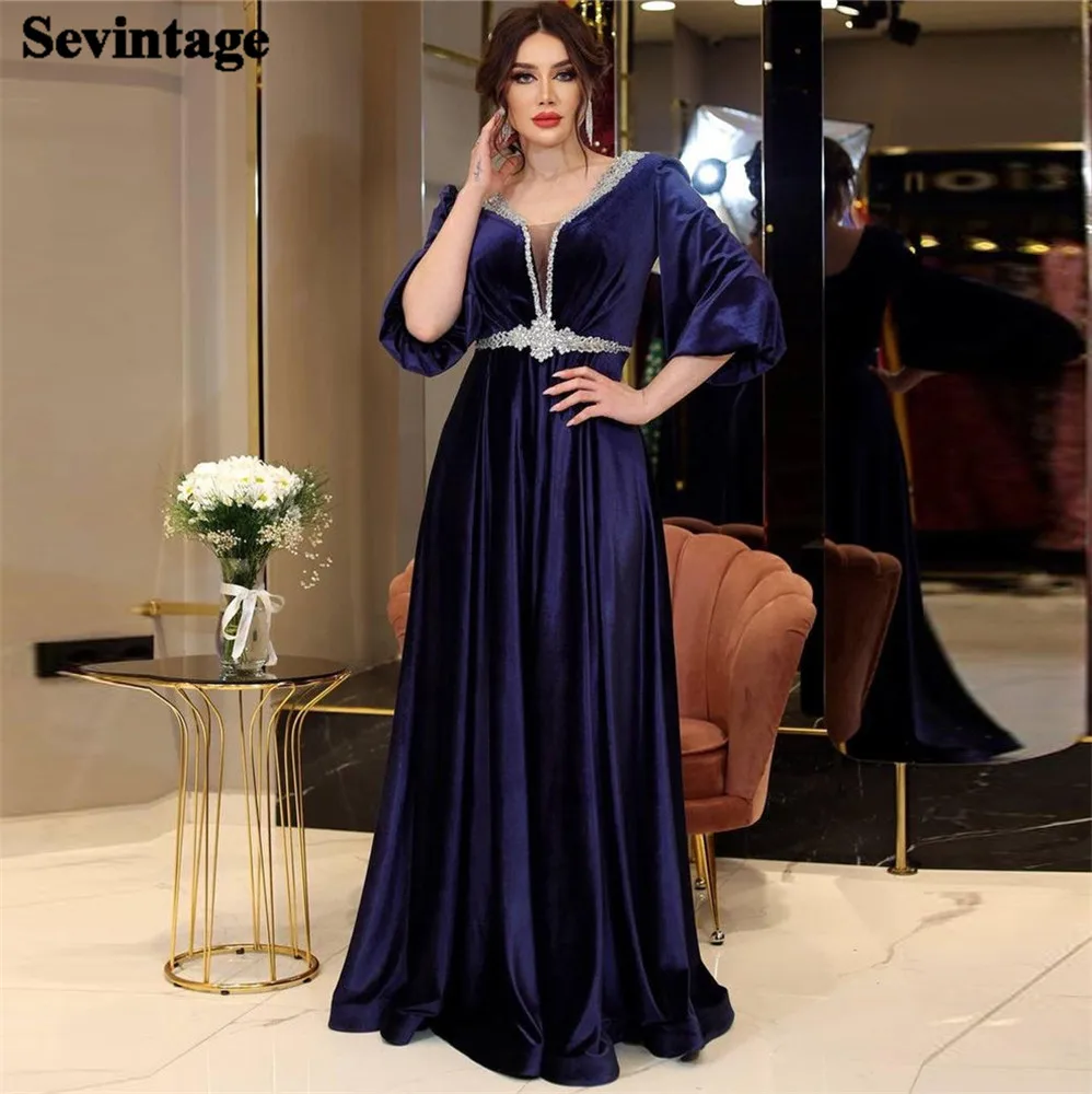 

Sevintage Elegant Arabic Velvet Evening Dress V-Neck Half Sleeves Sequineds Belt Ruched Prom Gown Floor Length Algerian Outfit