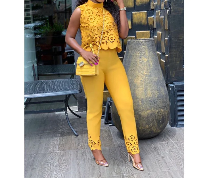 2 Piece Sets Women Outfit Summer Fashion Hollow Out Solid Color Mock Neck Sleeveless Top & Casual High Waist Pants Set New 2024