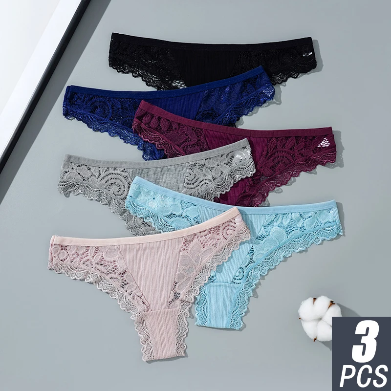 

3pcs GK Brand 2023 New Arrive Women Lace Thongs Solid Color Striped Ladies Panties G-string Breathable Comfortable Lingerie
