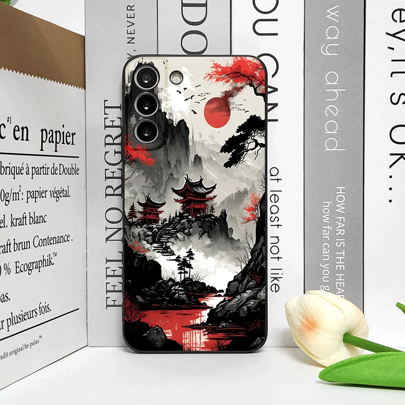 Ink Art Print Japanese Mountain Landscape Shockproof Silicone Phone Case