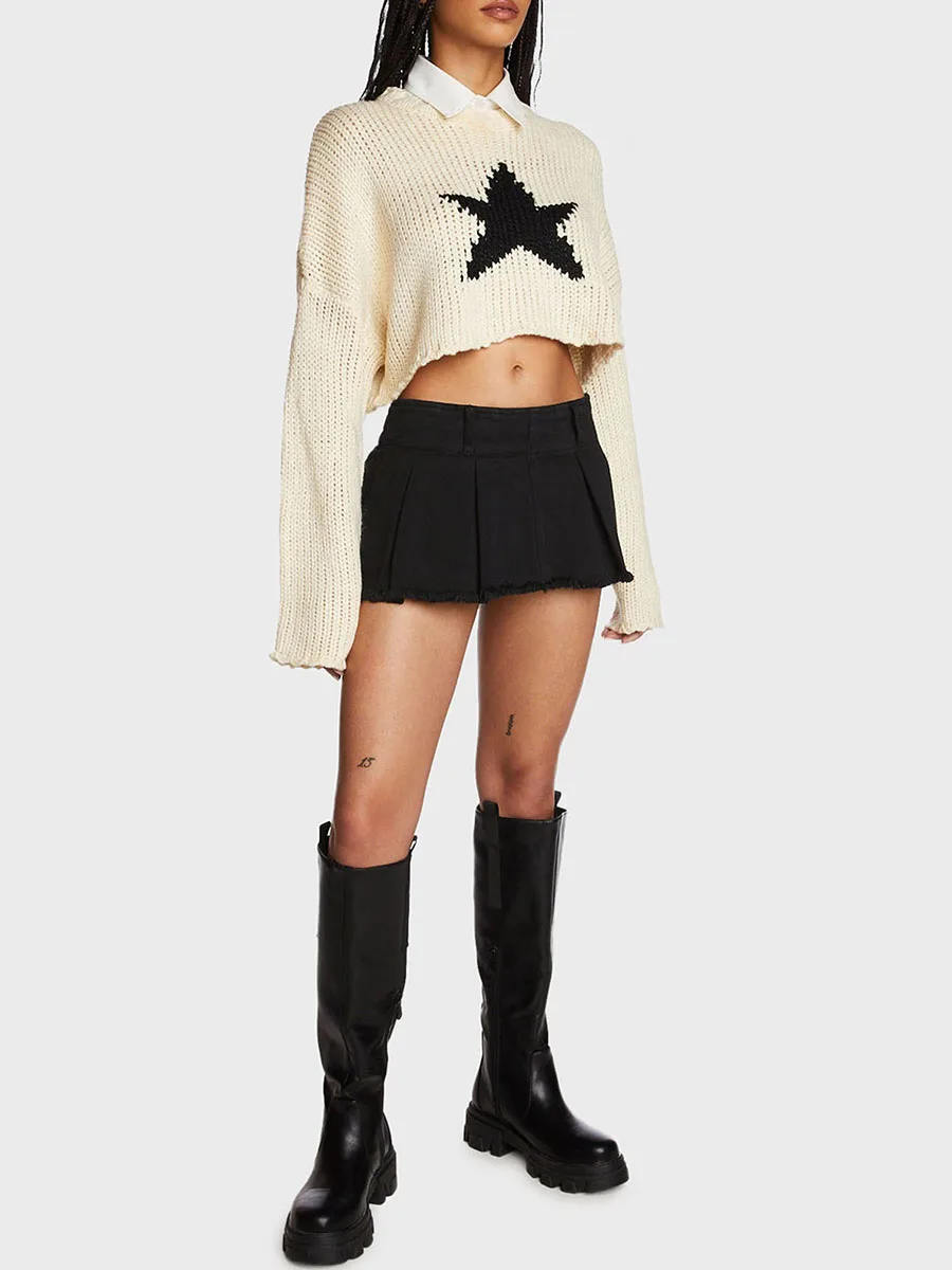 

Women Vintage Cropped Sweater Grunge Star Pattern Long Sleeve Retro Crochet Round Neck Knit Pullover Tops