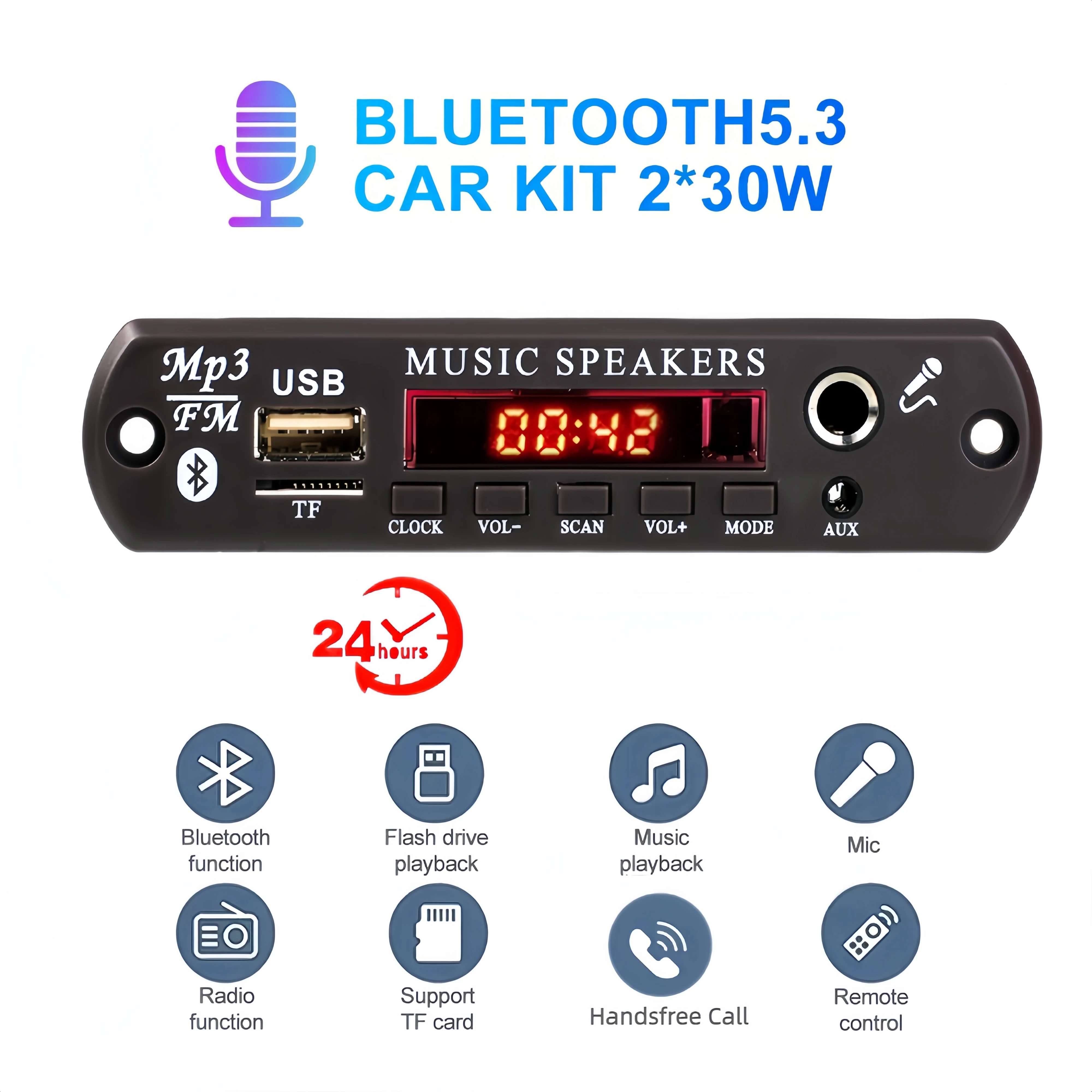 60W Amplifier Bluetooth 5.3 MP3 WMA APE Decoder Board Clock Time Display Microphone 12V Car FM Radio USB TF Music Player Speaker