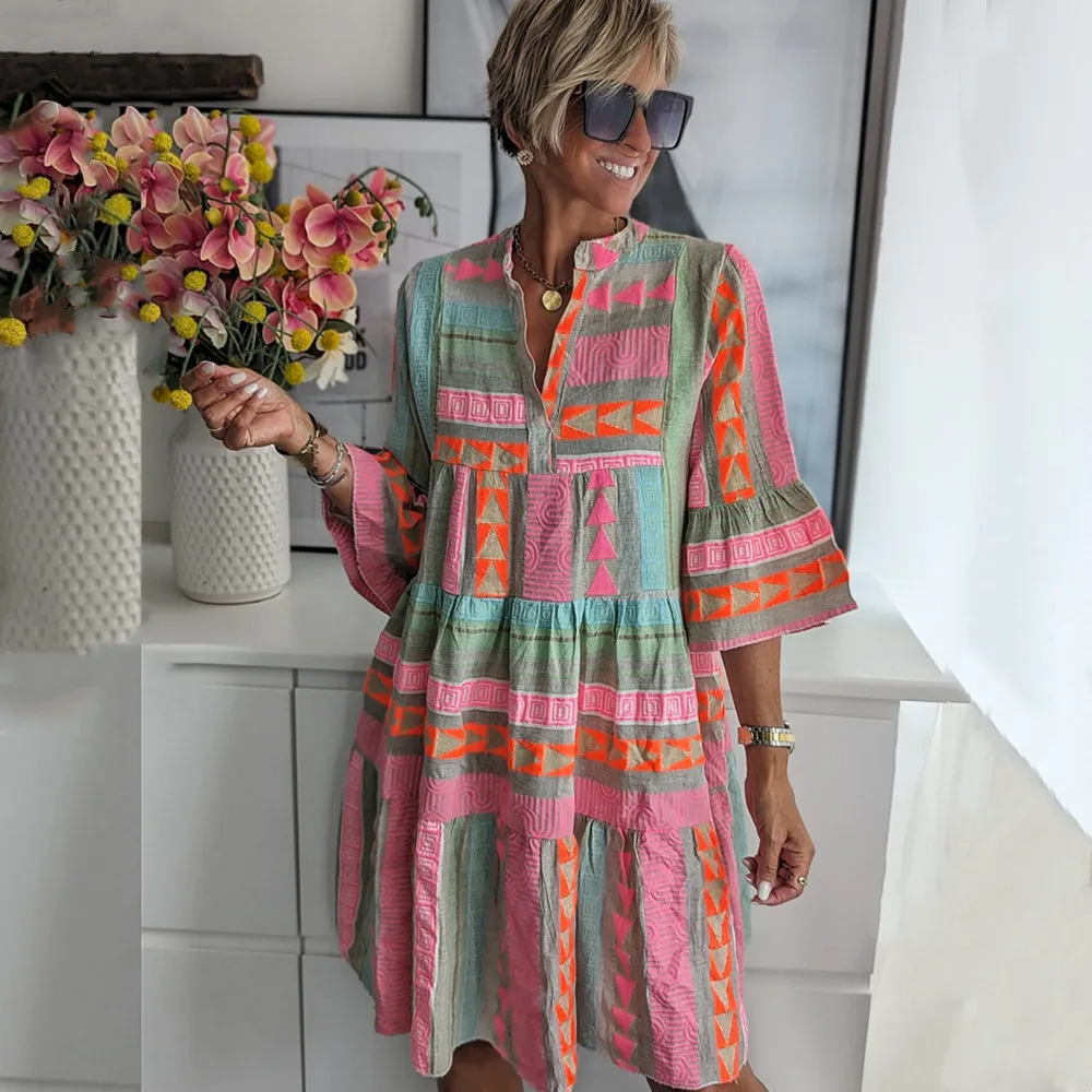 

Vestidos Bohemian Short Skirt With Pleats And V-neck, Suitable For Women, Sexy Mini Skirt With Vintage Print, Loose And Casual