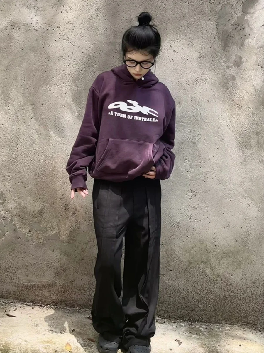 American Vibe Style Purple Hooded Sweatshirt Women's Spring And Autumn Graffiti Letter Design Hoodies Women Loose Top Fashion