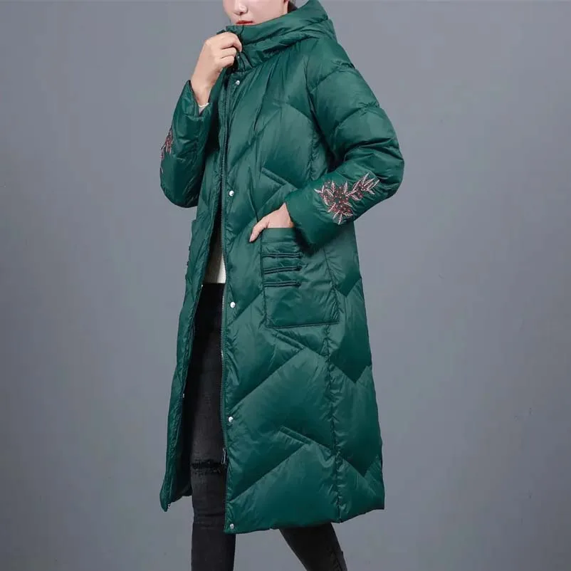 

Ethnic Style Embroidery Down Cotton Jacket Women Long Vintage Buckle Warm Cotton Padded Coat Parkas Female Outerwear Winter Coat