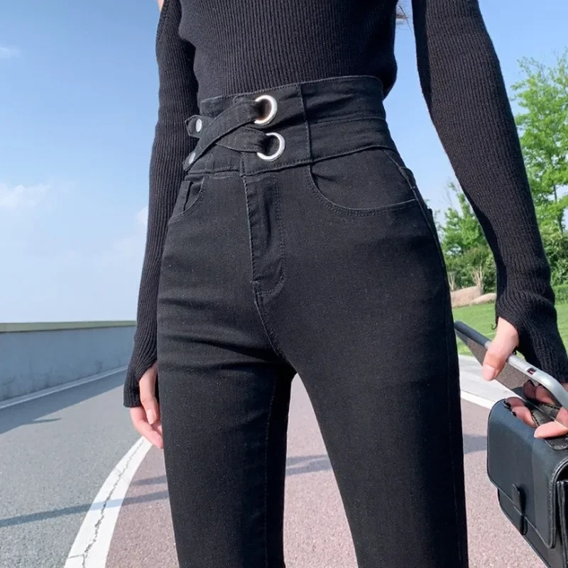flare jeans women skinny high waist aesthetic y2k clothes denim trousers vintage washed retro mopping korean fashion street new Street Indie Skinny High Waist Fashion Black Pencil Pants Jeans Women 2024 Spring Autumn New Y2k Vintage Streetwear Oversize